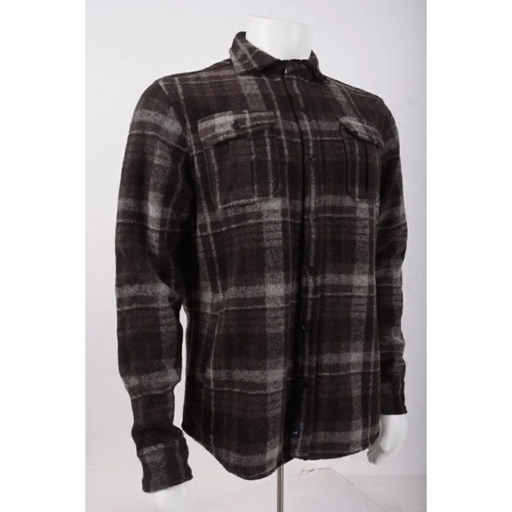 Johnnie-O Mens Stalone Fleece Shirt Jacket M Brown Gray Havana Plaid Relaxed NWT